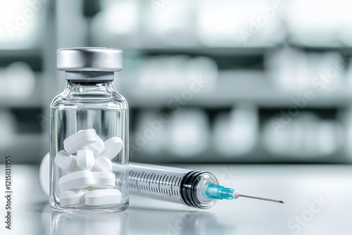 Close-up of a glass vial with white pills and a syringe on a sterile background. photo