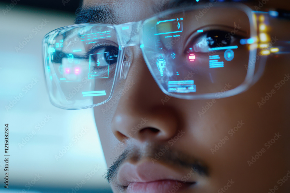 Close-up of a person's face wearing smart glasses showcasing digital displays.