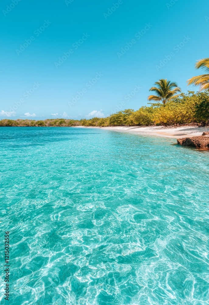Naklejka premium Stunning Coral Reefs by a Serene White Sandy Beach Under a Clear Blue Sky