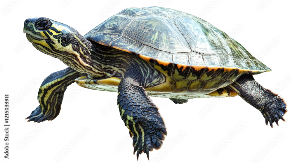 Obraz premium Painted Turtle Close-up: A vibrant painted turtle, showcasing its intricate shell patterns and expressive eyes, is captured in a detailed profile view.