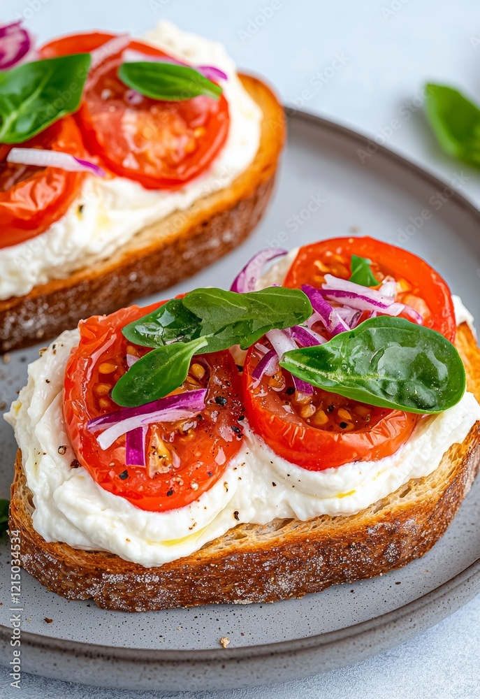 Fresh Avocado Toast with Cherry Tomatoes and Basil Leaves on a Rustic Gray Plate Fresh Avocado Toast with Cherry Tomatoes and Basil Leaves on a Rustic Gray Plate