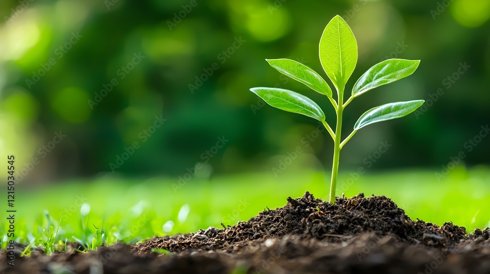 Obraz premium Young Green Plant Emerging from Fresh Soil in Natural Environment