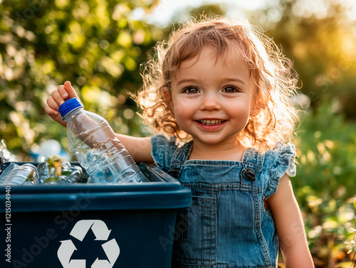 Young child recycling a plastic bottle, activity to promote sustainability and environmental awareness photo