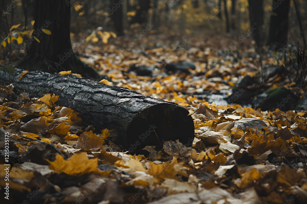 Obraz premium Beautiful autumn forest with fallen leaves and a small stream in the middle