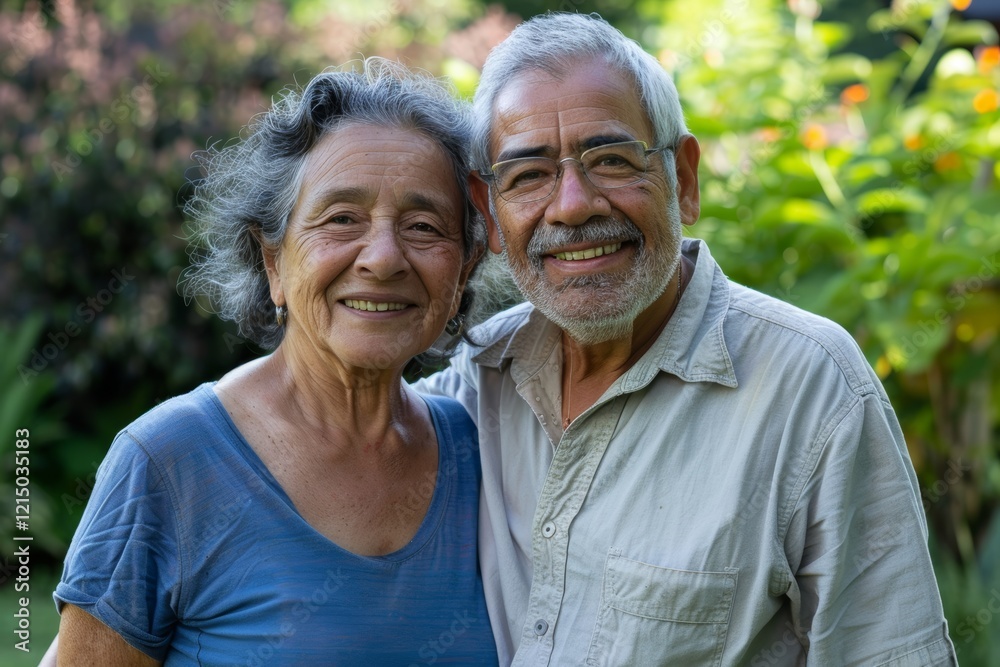 Portrait of a satisfied multicultural couple in their 80s wearing a simple cotton shirt isolated on lush green garden Portrait of a satisfied multicultural couple in their 80s wearing a simple cotton shirt isolated on lush green garden