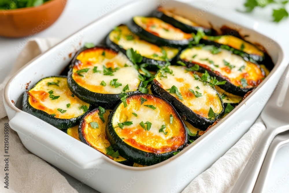 A roasted zucchini dish topped with melted parmesan and fresh parsley, served in a rustic baking dish A roasted zucchini dish topped with melted parmesan and fresh parsley, served in a rustic baking dish