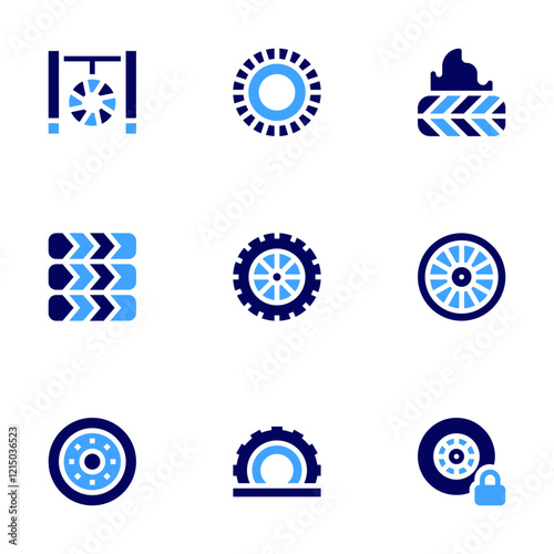 Tyre icon set. Bold style. Duotone colors. tyre, wheel, tire, tires