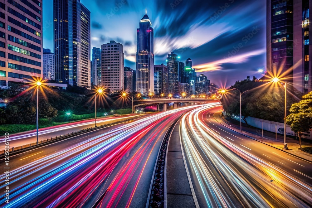 Obraz premium Long Exposure Light Trails of a City at Night with Battery C in Focus