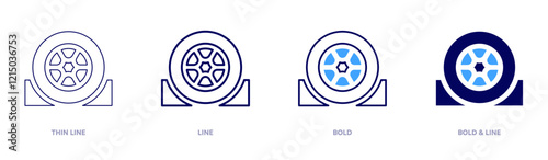 Tyre rotation icon in 4 different styles. Thin Line, Line, Bold, and Bold Line. Duotone style. Editable stroke