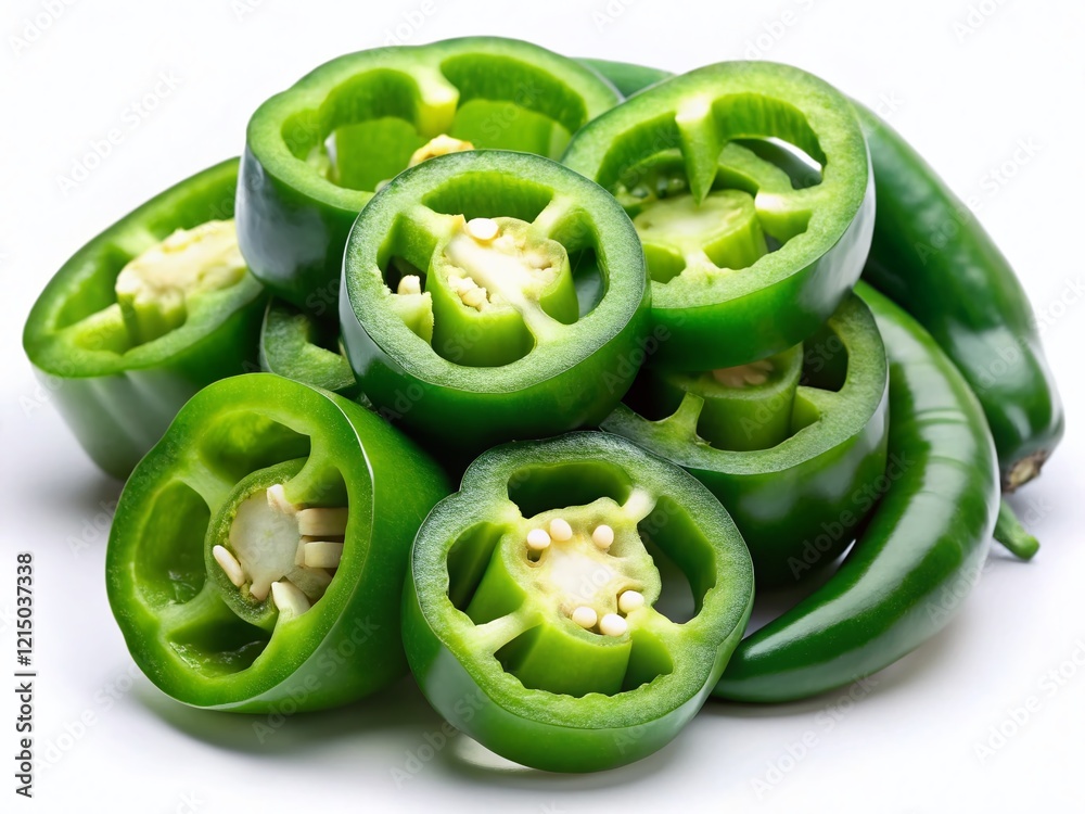 Fresh Green Chili Rings, Isolated White Background, Low Light Food Photography Fresh Green Chili Rings, Isolated White Background, Low Light Food Photography