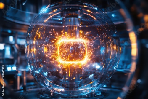 A close-up of a fusion reaction happening inside a reactor, with glowing plasma and magnetic fields controlling the intense energy in a futuristic lab