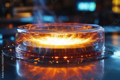 A close-up of a superconductor levitating in a magnetic field, with glowing energy lines surrounding it and showing the flow of electric current in a futuristic lab