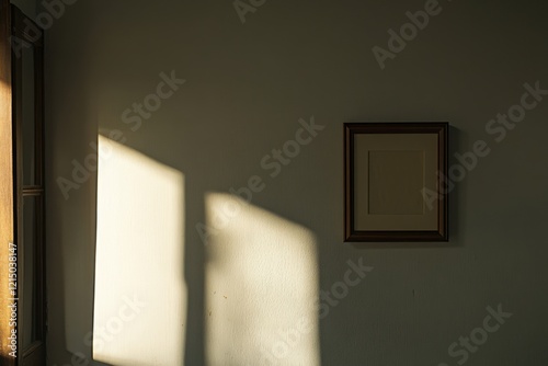 Framed artwork on the wall illuminated by soft, natural light creating gentle shadows in a serene indoor environment