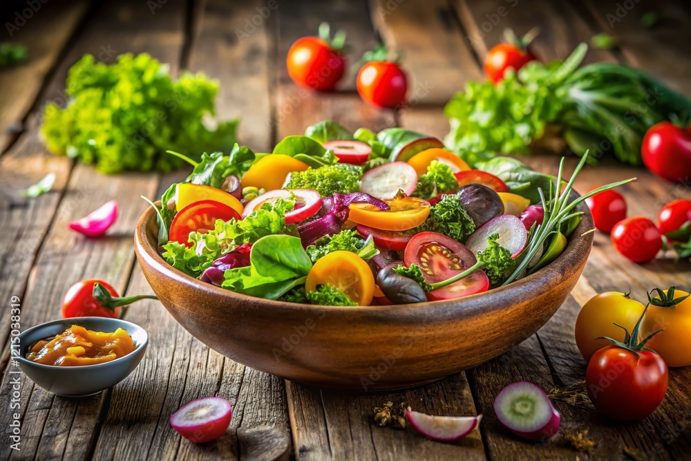 Fresh Green Salad Bowl on Rustic Wooden Table - Healthy Food Photography Fresh Green Salad Bowl on Rustic Wooden Table - Healthy Food Photography