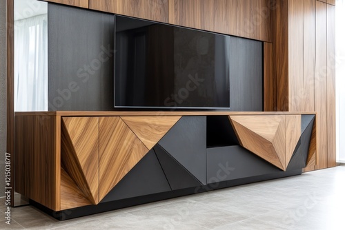 Modern wooden entertainment center with a flat-screen TV. photo