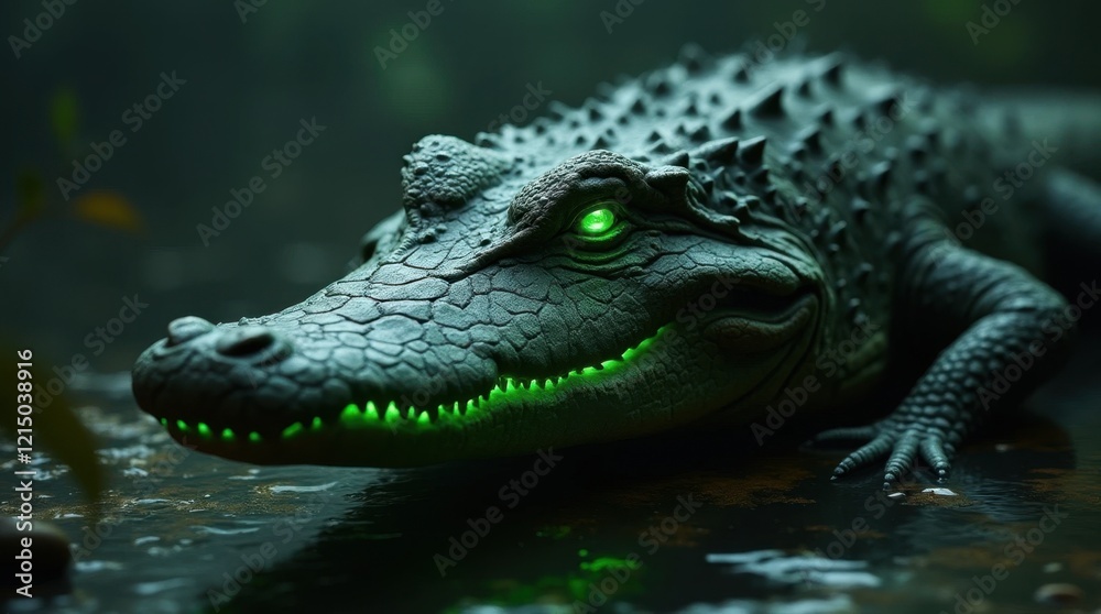 Fototapeta premium Futuristic Crocodile Head with Glowing Green Details
