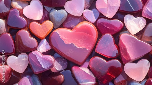Polished heart shaped gemstones in various shades of pink and red