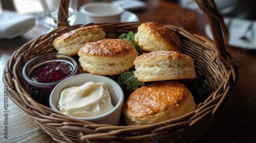 Delicious Scones with Jam and Cream in a Rustic Basket photo