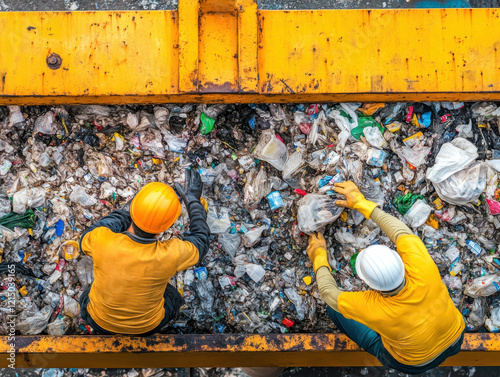 Workers Sorting Plastic Waste in Recycling Facility photo