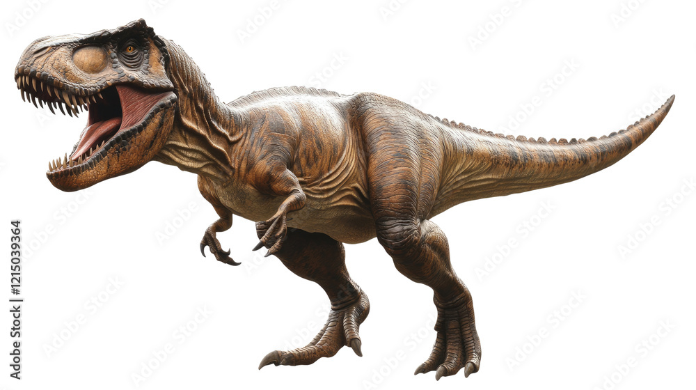 Fototapeta premium Tyrannosaurus Rex: A fearsome Tyrannosaurus Rex, a majestic apex predator of the late Cretaceous period, stands poised, its powerful jaws agape in a dramatic display of prehistoric power. 