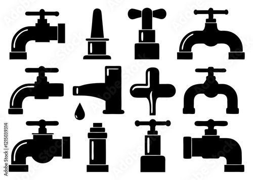 Collection of Black and White Water Faucet and Piping Icons