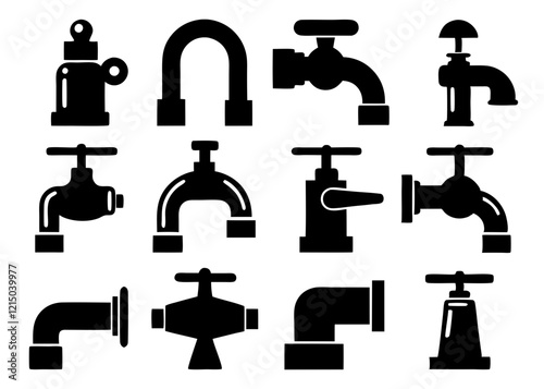 Collection of Black and White Water Faucet and Piping Icons