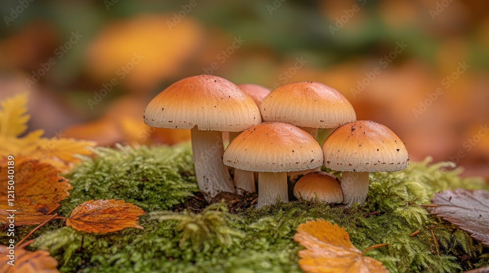 Autumn mushrooms cluster moss forest floor Autumn mushrooms cluster moss forest floor