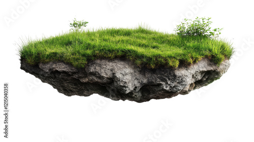 Floating Island: A surreal, lush patch of grass sprouts atop a rocky islet, seemingly floating in mid-air, offering a whimsical and dreamlike image.   photo