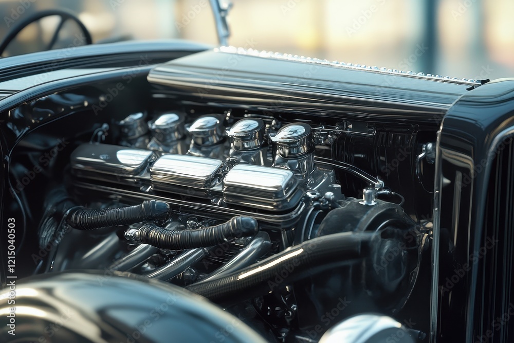 Fototapeta premium A detailed close-up view of a classic car engine showcasing its intricate components and vintage design. car engine with black hoses .