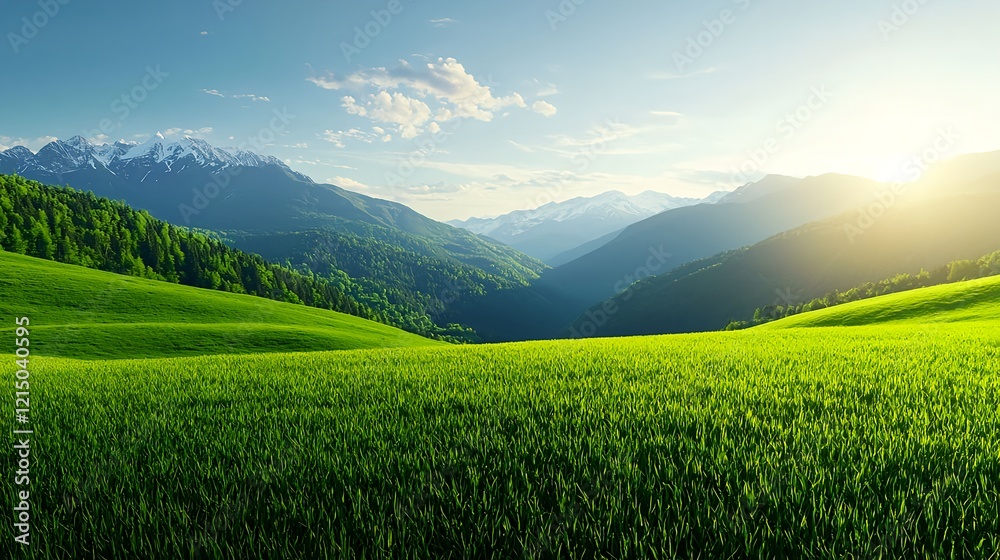 Fototapeta premium Scenic Sunrise Over Lush Green Valley and Majestic Mountains