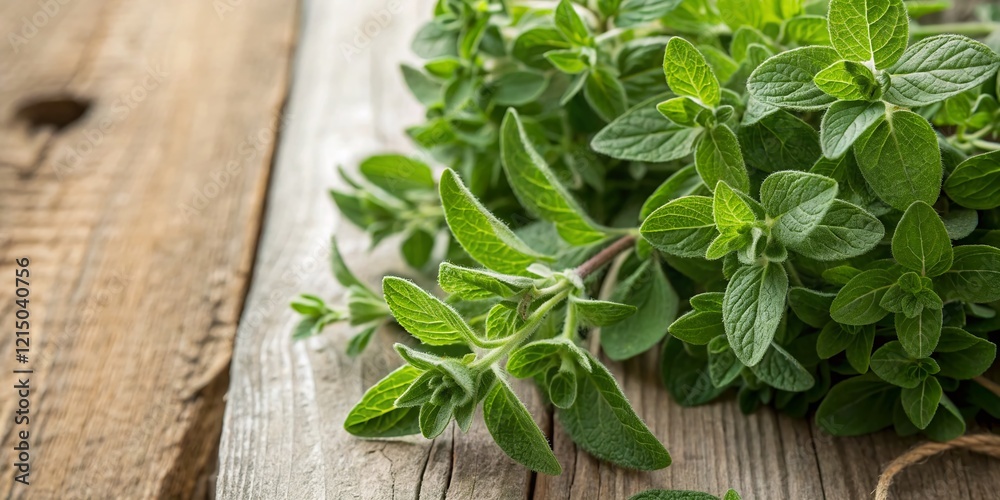 Fresh Oregano Sprigs on Rustic Wooden Background - Culinary Herb Stock Photo Fresh Oregano Sprigs on Rustic Wooden Background - Culinary Herb Stock Photo