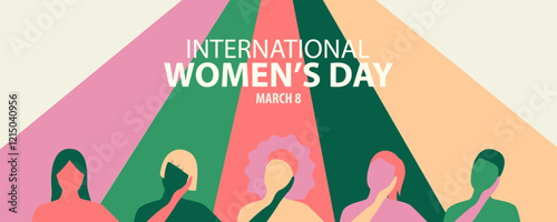 International Women's Day banner concept. Vector flat modern illustration of five women's figures of different races and nationalities supporting each other
