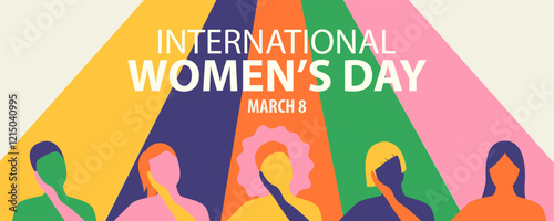 International Women's Day banner concept. Vector flat modern illustration of five women's figures of different races and nationalities supporting each other
