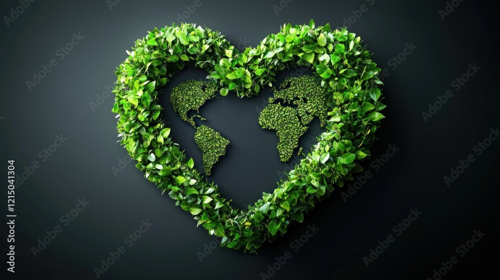 A heart-shaped globe made of green leaves and plants, representing Earth Day and love for nature, graphic design and conceptual art style A heart-shaped globe made of green leaves and plants, representing Earth Day and love for nature, graphic design and conceptual art style