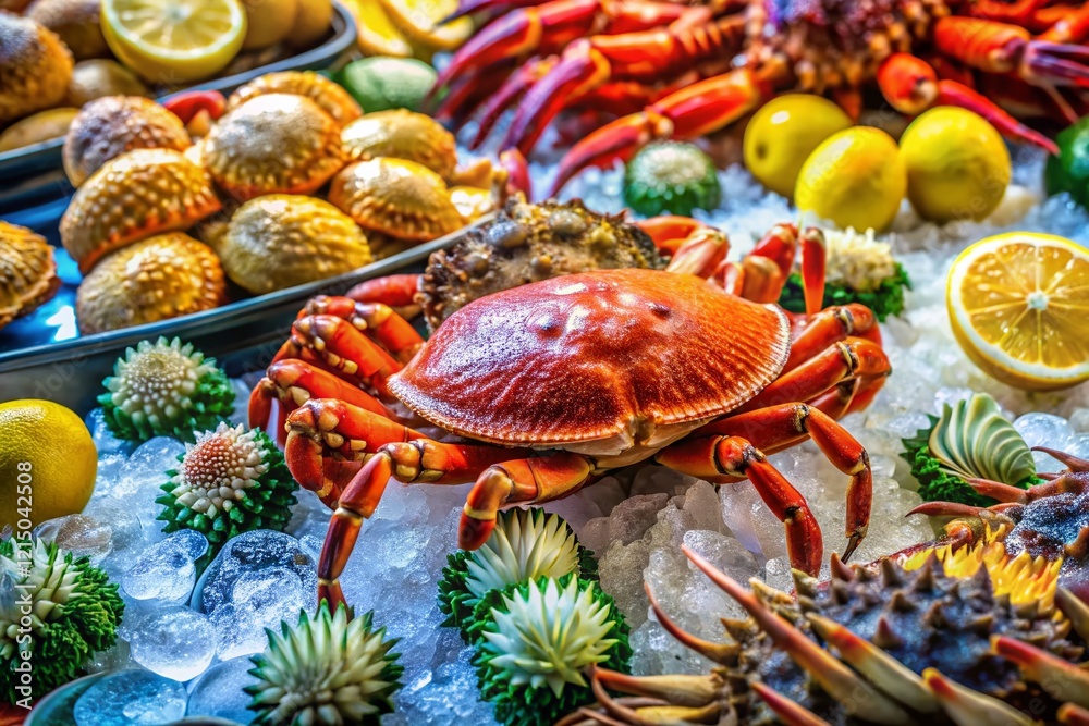 Fresh Seafood Market Display: Crabs, Urchins, Mussels on Ice Fresh Seafood Market Display: Crabs, Urchins, Mussels on Ice