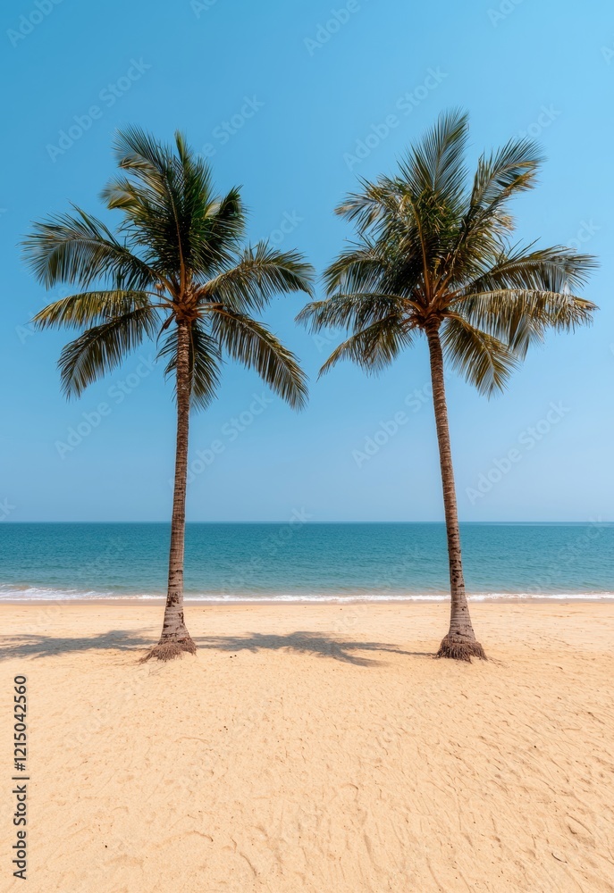 Serene Beach Scene with Two Palm Trees and Tranquil Ocean View under Clear Sky Serene Beach Scene with Two Palm Trees and Tranquil Ocean View under Clear Sky