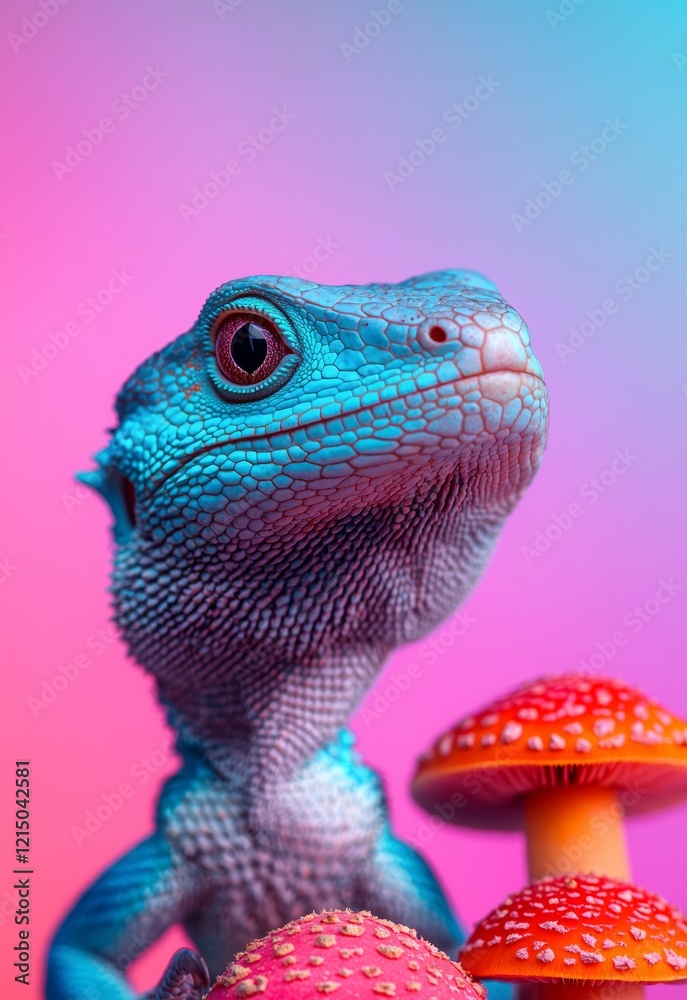 Obraz premium Enchanting Blue Lizard in a Colorful Pastel Forest with Glowing Mushrooms