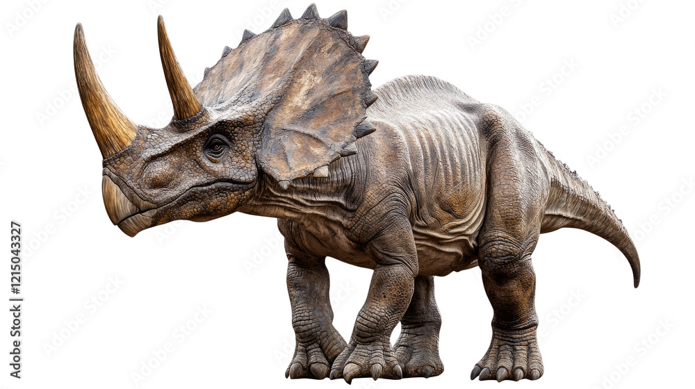 Naklejka premium Triceratops Dinosaur: A detailed model of a Triceratops, a powerful herbivore known for its three horns and frill, showcasing its ancient grandeur and impressive physical attributes.