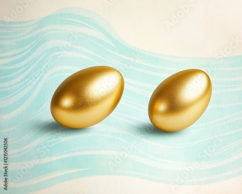 Retro Easter Elegance Glittering Gold Eggs on Aqua Waves - Vintage Holiday Decor for Spring Events and Mothers Day Retail Display Aesthetics photo