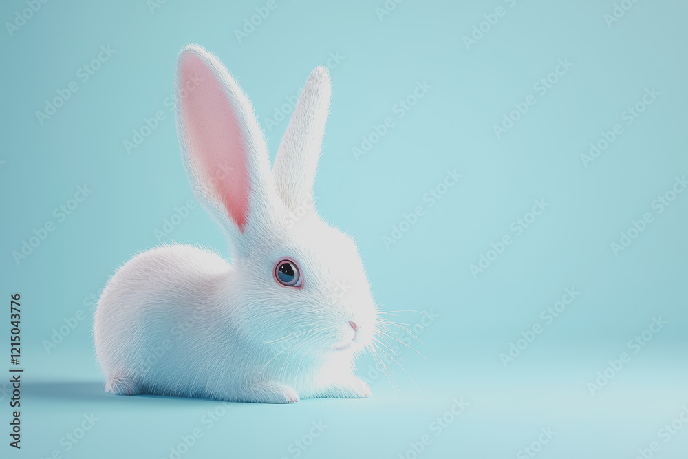 Obraz premium White rabbit with pink ears sitting against a solid blue background creating a simple and striking visual composition for various creative projects