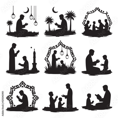 Man in different praying poses Man praying and praising God on knees silhouette set vector illustration Silhouette of people praying