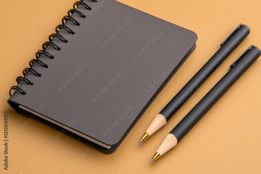 A sleek black notebook with a spiral binding and two matching pens placed on a warm, neutral background. A sleek black notebook with a spiral binding and two matching pens placed on a warm, neutral background.