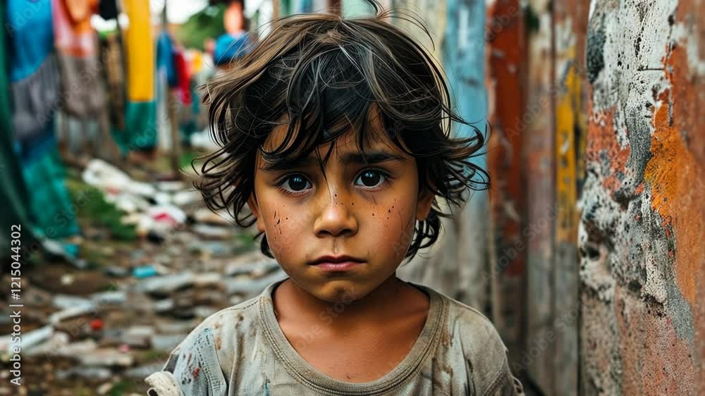 Exploring the daily life of homeless child in a challenging environment under poor urban backdrop filled with dirt Exploring the daily life of homeless child in a challenging environment under poor urban backdrop filled with dirt