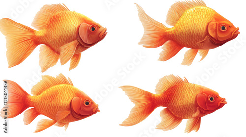 Golden Fish Quartet: Four vibrant goldfish, showcasing a variety of poses and angles, create a visually captivating image perfect for aquatic themes or decorative purposes. photo