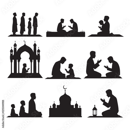 Man in different praying poses Man praying and praising God on knees silhouette set vector illustration Silhouette of people praying