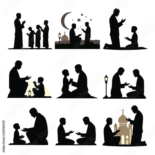 Man in different praying poses Man praying and praising God on knees silhouette set vector illustration Silhouette of people praying