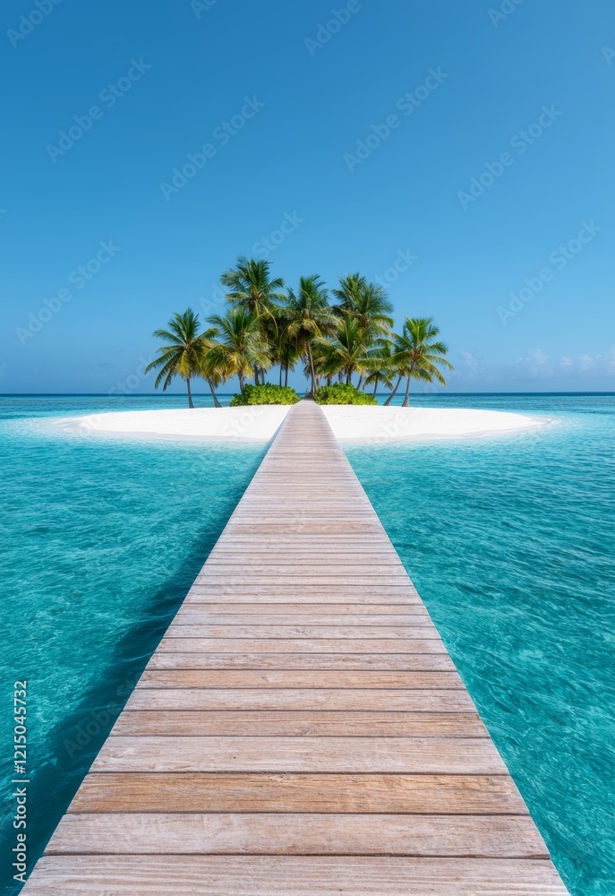 Fototapeta premium Serene Tropical Island with Soft White Sands and Lush Palm Trees Under Clear Blue Sky