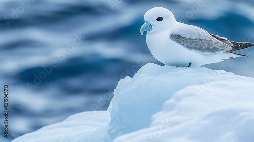 Snow petrel perched the edge of an iceberg its pure white feathers glowing against the deep blue ocean captured with a telephoto lens for crisp contrast and detail photo