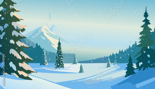 Winter landscape with snowy fir trees and mountains. Vector illustration in cartoon style.