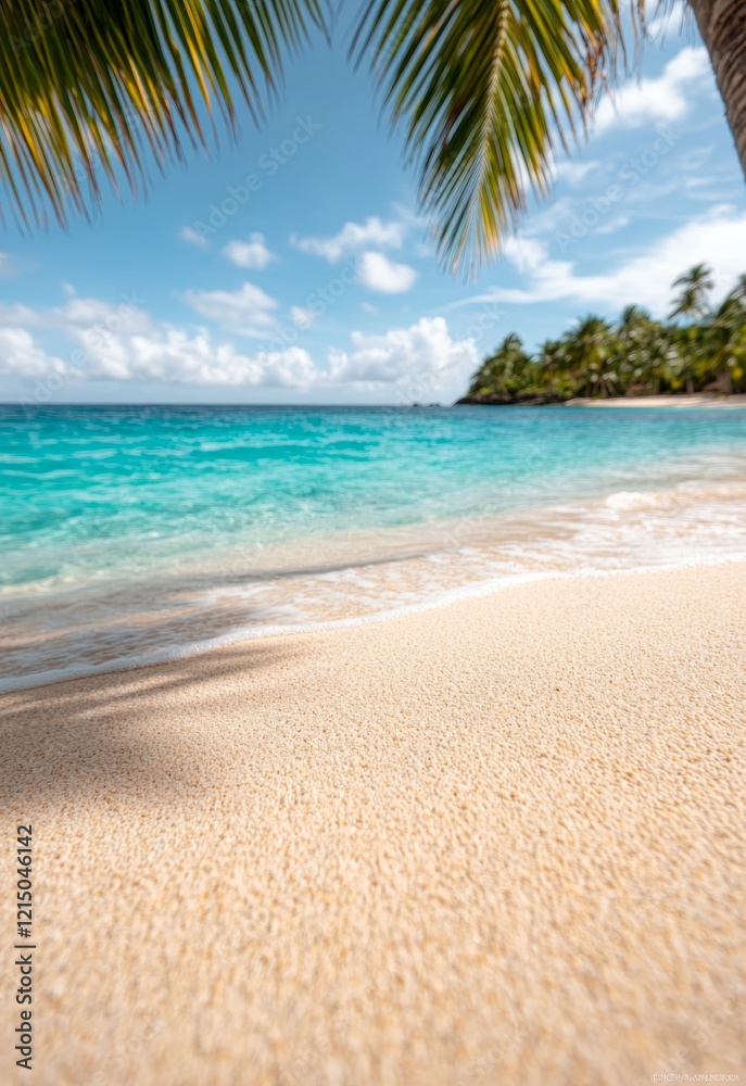 Fototapeta premium Golden Shadows of Palm Tree Stretching Across the Sandy Beach Under Bright Sky